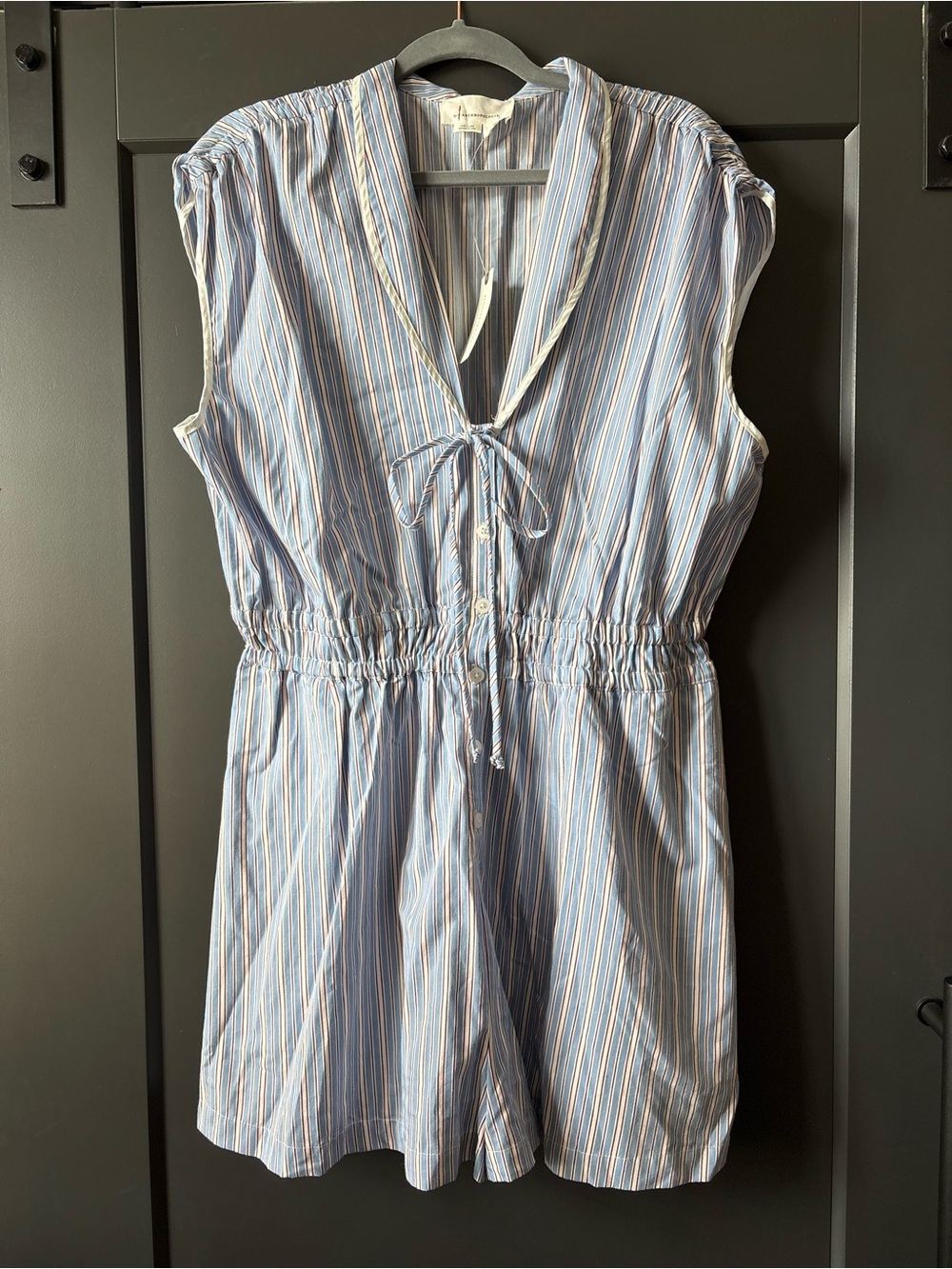 NWT Anthropologie Blue and Red Striped Button-Front Romper